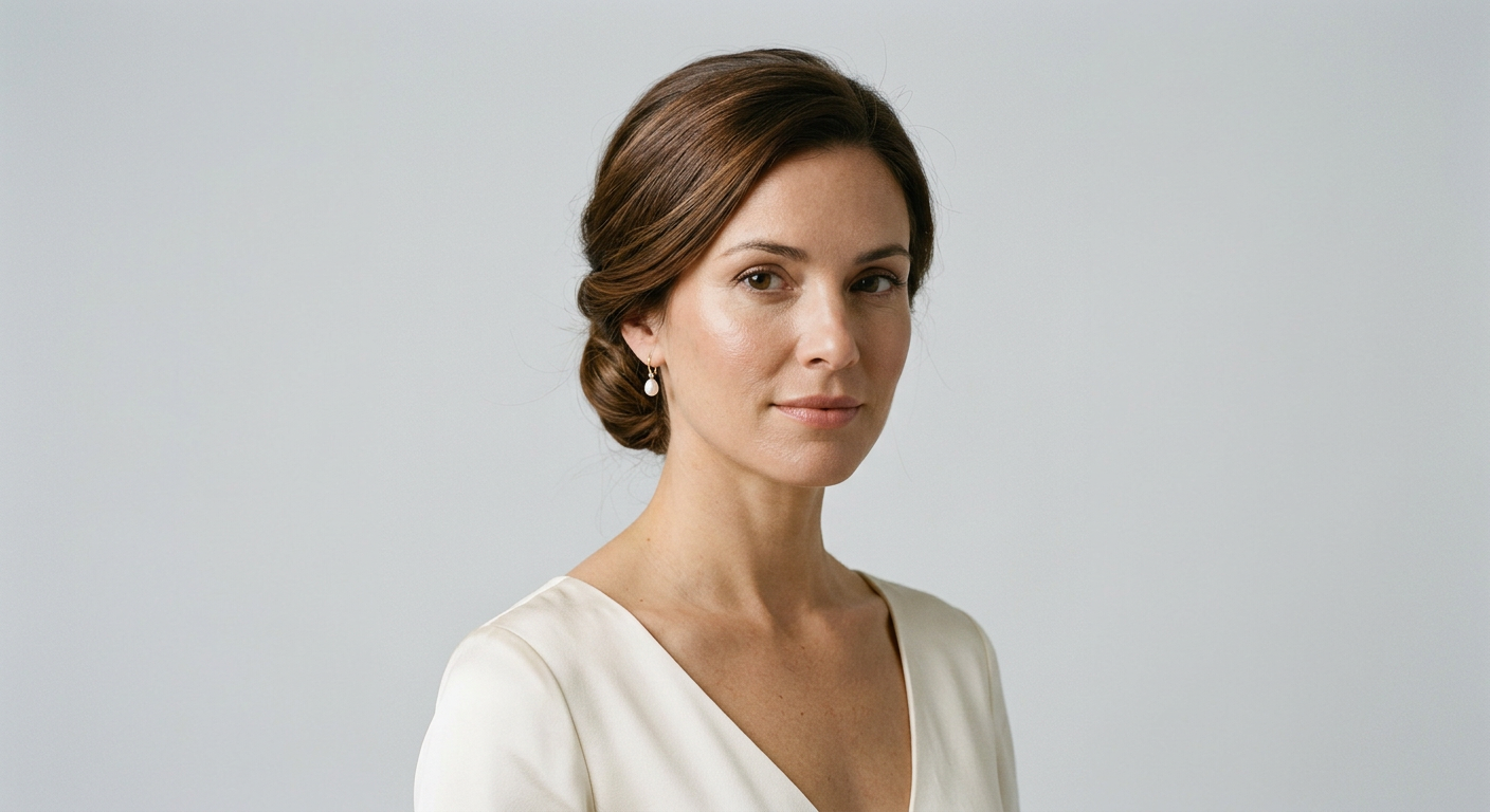 Long, straight brunette hair styled in a compact low bridal chignon with a smooth side-swept front section.