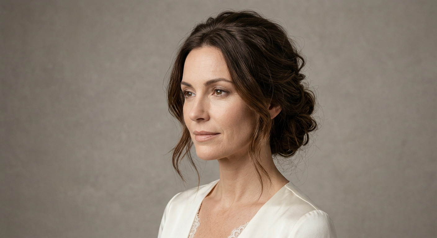 Loose textured bridal updo on long, wavy chocolate brown hair with a center part and soft strands framing the face.