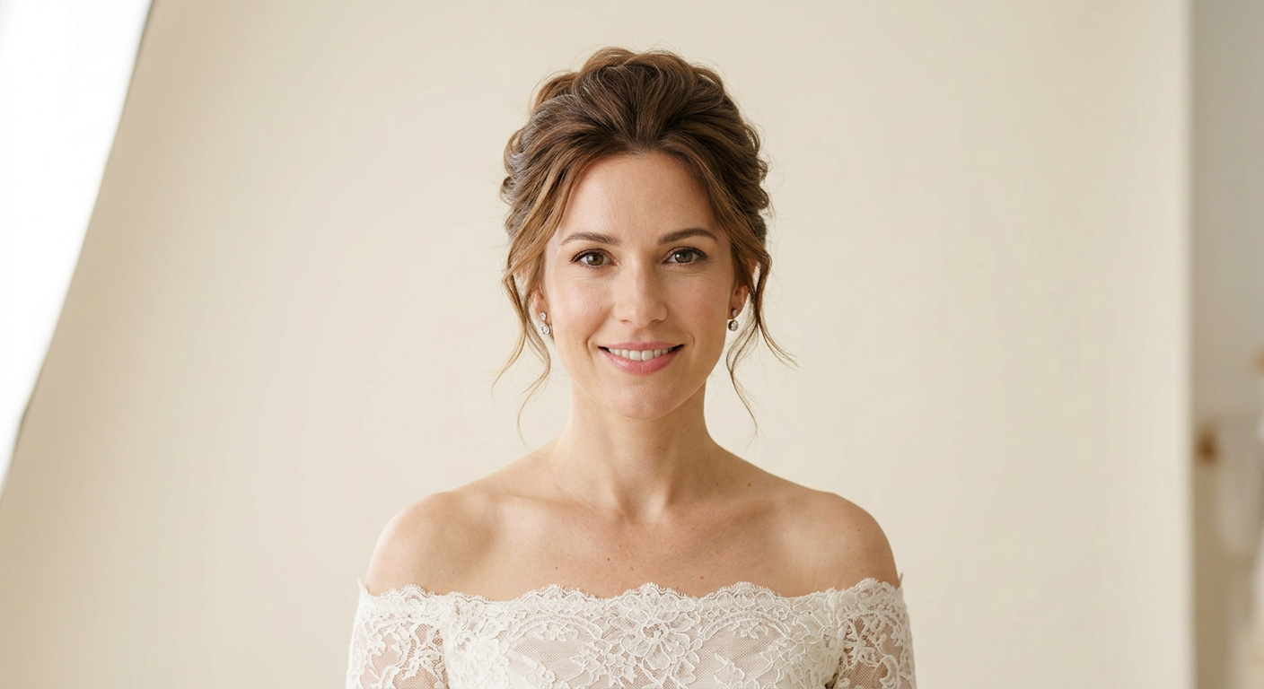High bridal updo on long chestnut hair with a softly shaped crown and loose wavy tendrils framing the face.