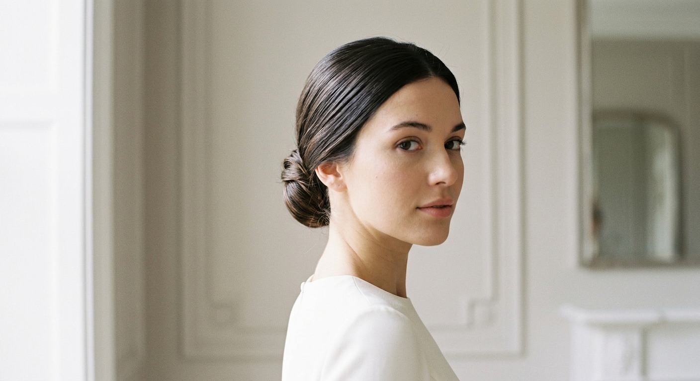 Sleek low bridal bun on long, straight dark brunette hair, styled with a precise center part and smooth minimalist finish.