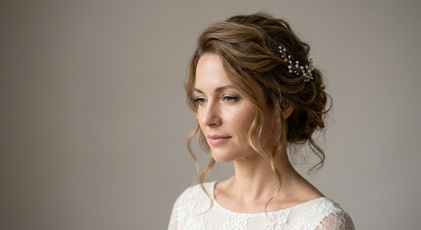 Airy bridal updo on long, wavy honey brown hair with loose face-framing tendrils and a pearl hair sprig.