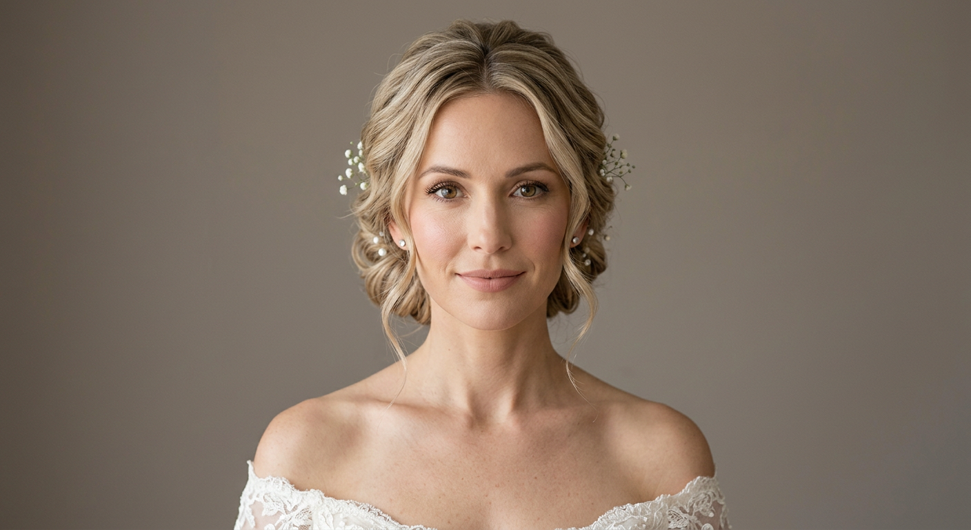 Front portrait showing long, wavy beige blonde hair in a center-parted low bridal bun with loose tendrils and white floral accents.
