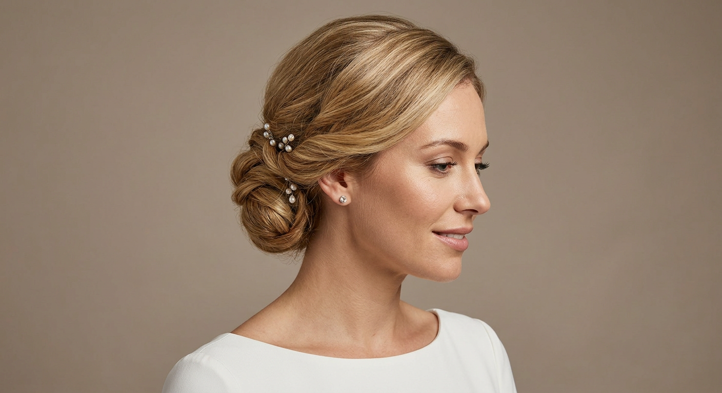Side profile of a low bridal bun on dimensional blonde hair, finished with small pearl pins above and around the updo.