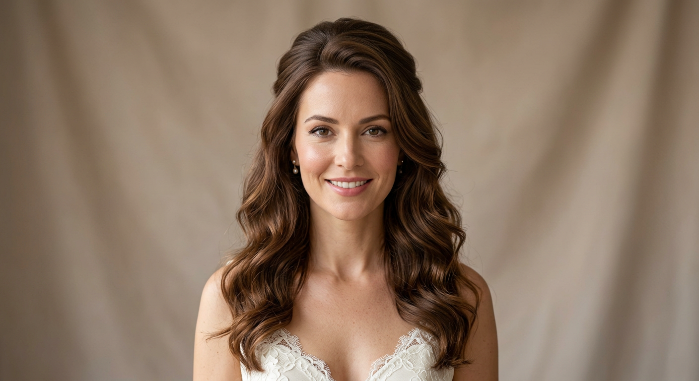 Long chestnut hair in a romantic half-up bridal style with swept-back front sections and polished waves over the shoulders.