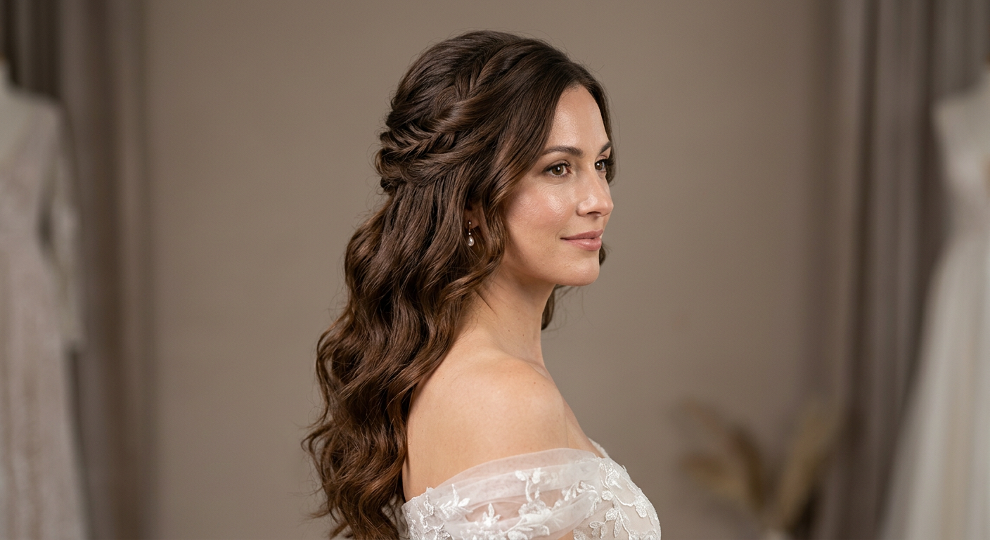 Long chocolate brown waves styled half up with twisted sections gathered at the back in a romantic bridal look.