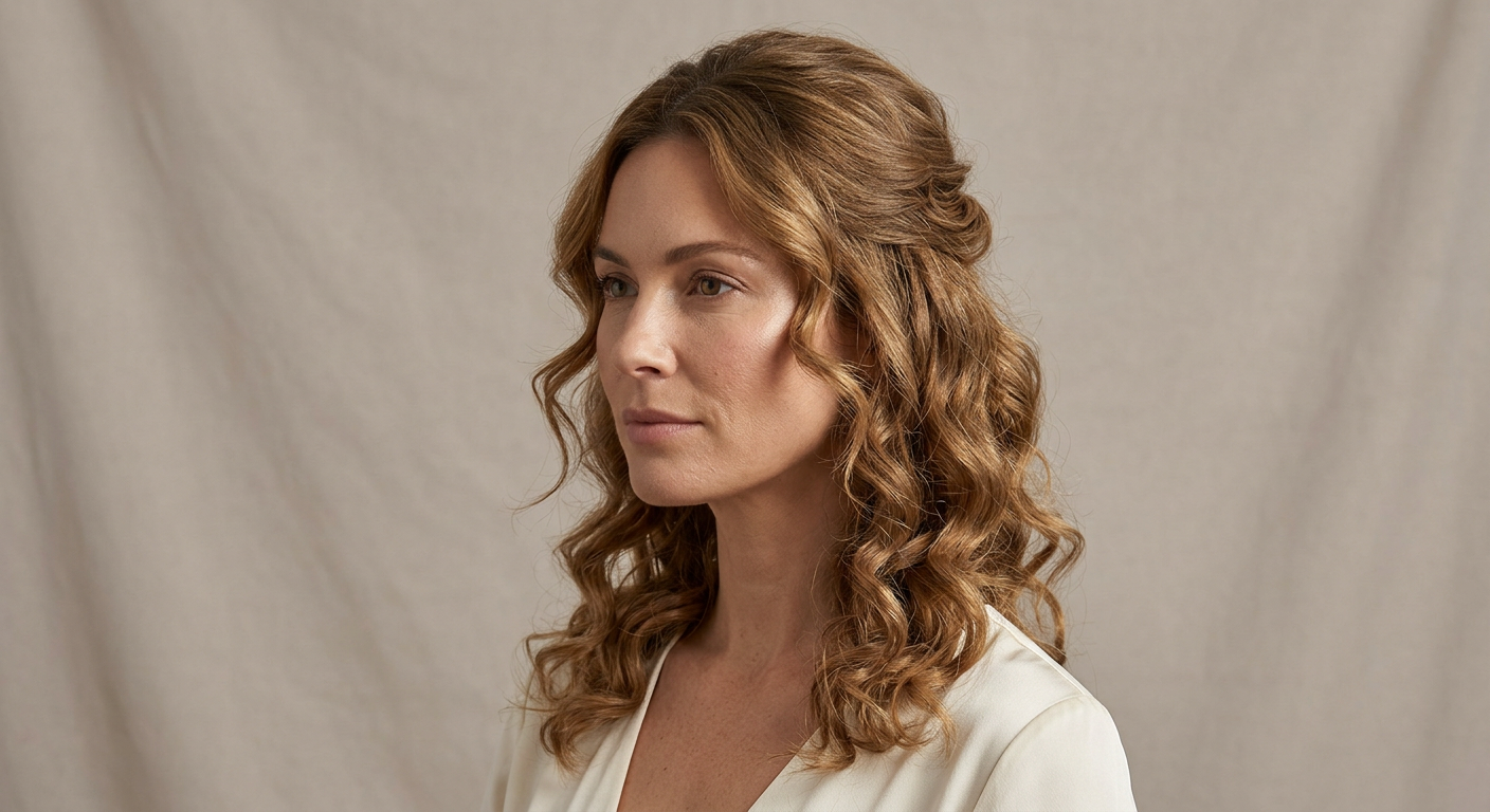 Long honey brown curls in a romantic half-up bridal hairstyle, with swept-back upper sections and soft volume.