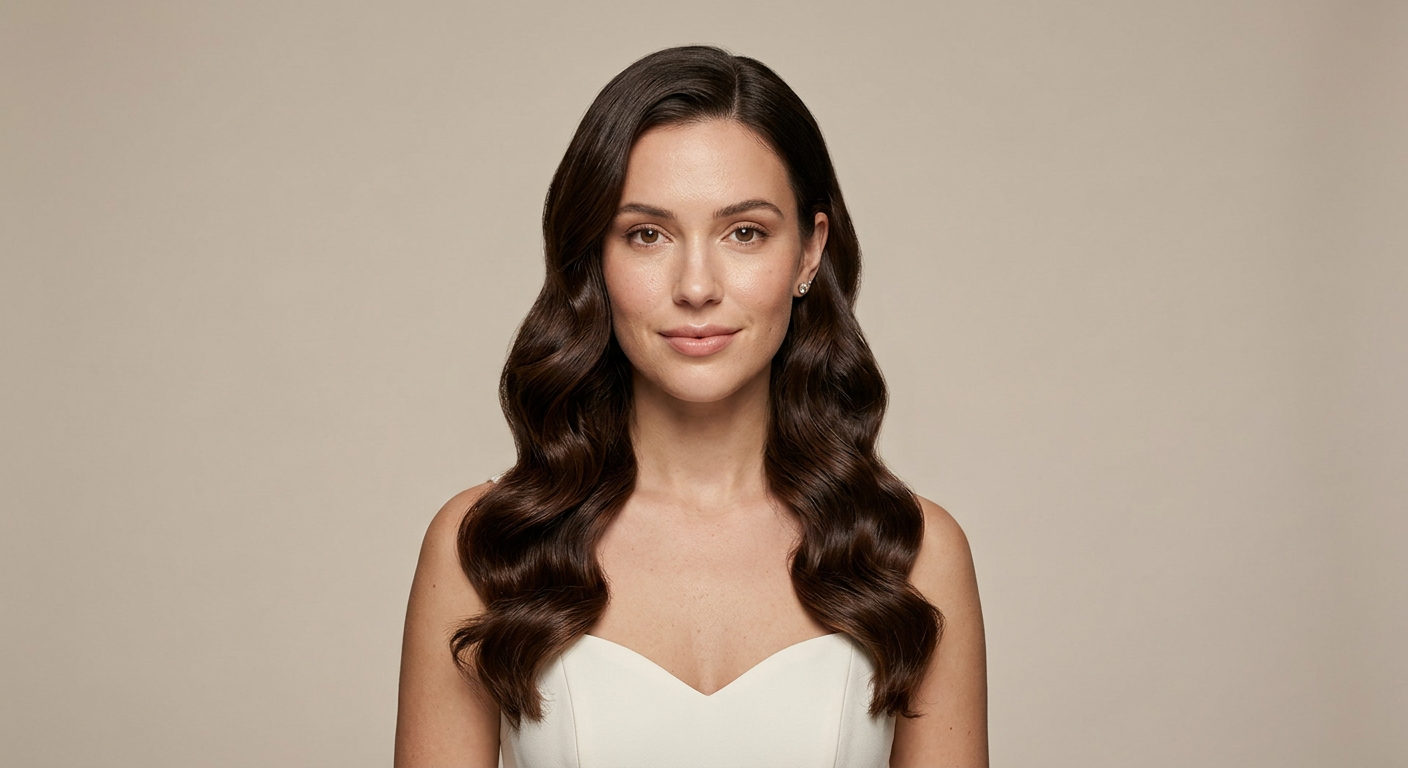 Long dark brunette hair styled with a side part and glossy Hollywood waves cascading over both shoulders.