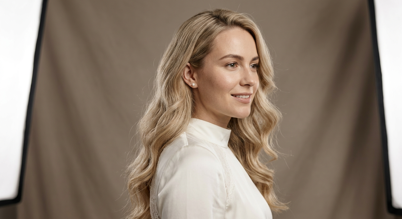 Long beige blonde hair worn down in loose, flowing bridal waves for a soft romantic wedding hairstyle.