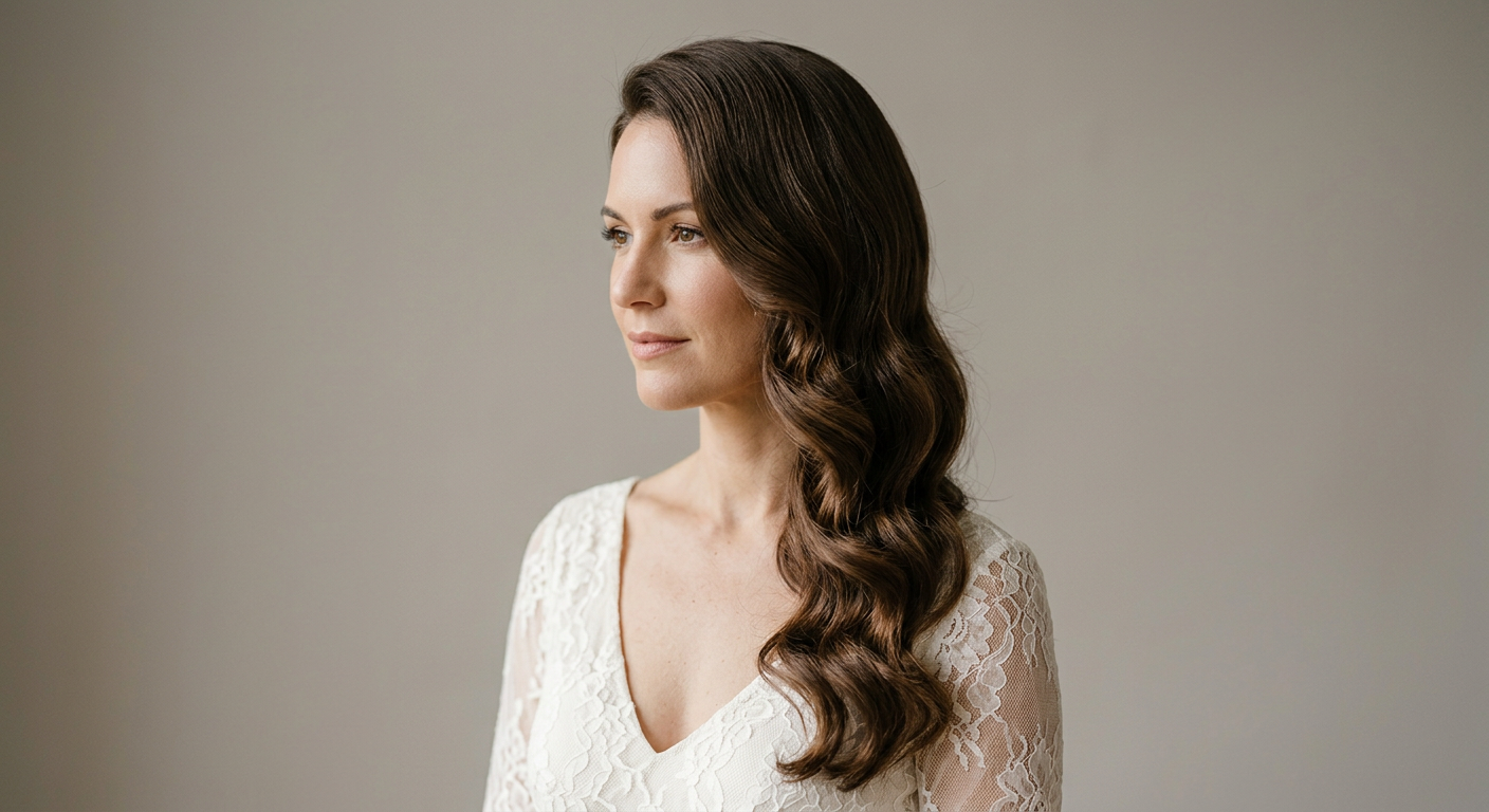 Long chocolate brown hair styled in defined bridal waves with a deep side part and the lengths swept over one shoulder.