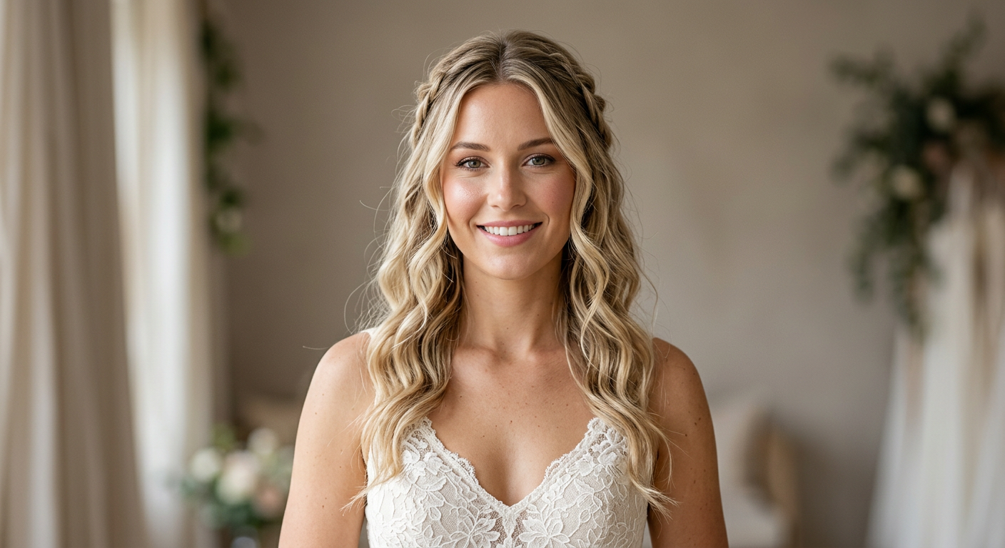 Long dimensional blonde hair in loose waves with a center part and slim boho braids along both sides of the head.