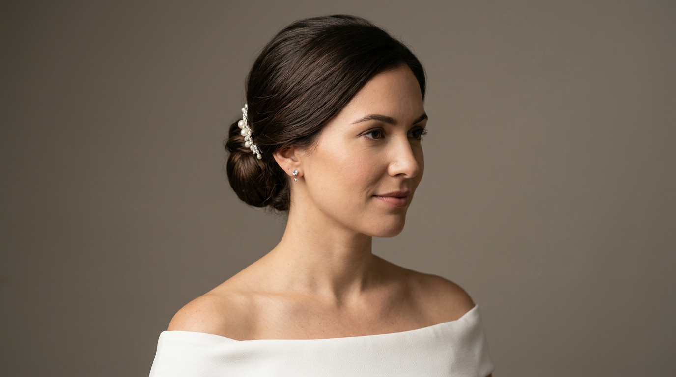 Modern low bridal bun on long dark brunette hair, styled with a smooth side part and a pearl accessory above the updo.