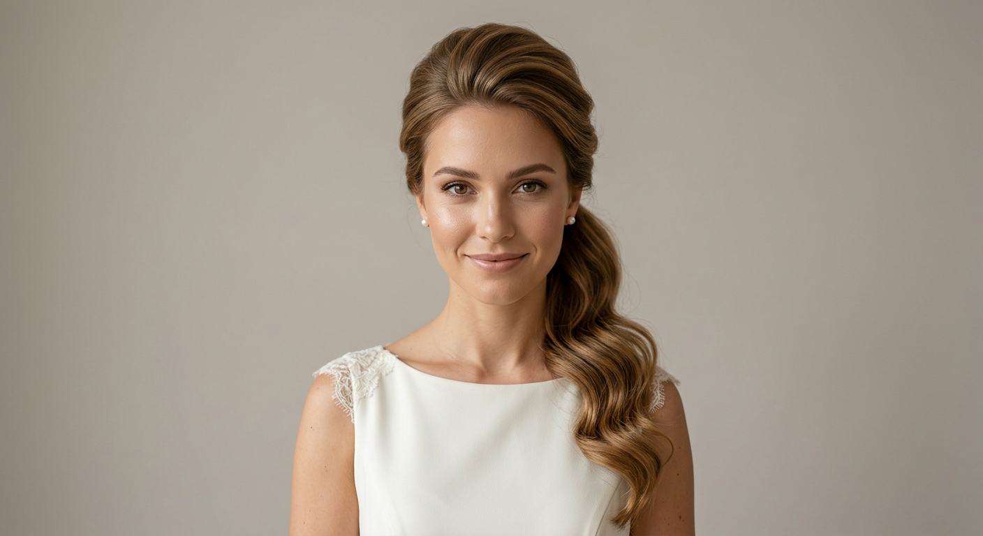 Front view of a modern bridal side ponytail on long honey brown hair, with a smooth lifted crown and defined waves over one shoulder.
