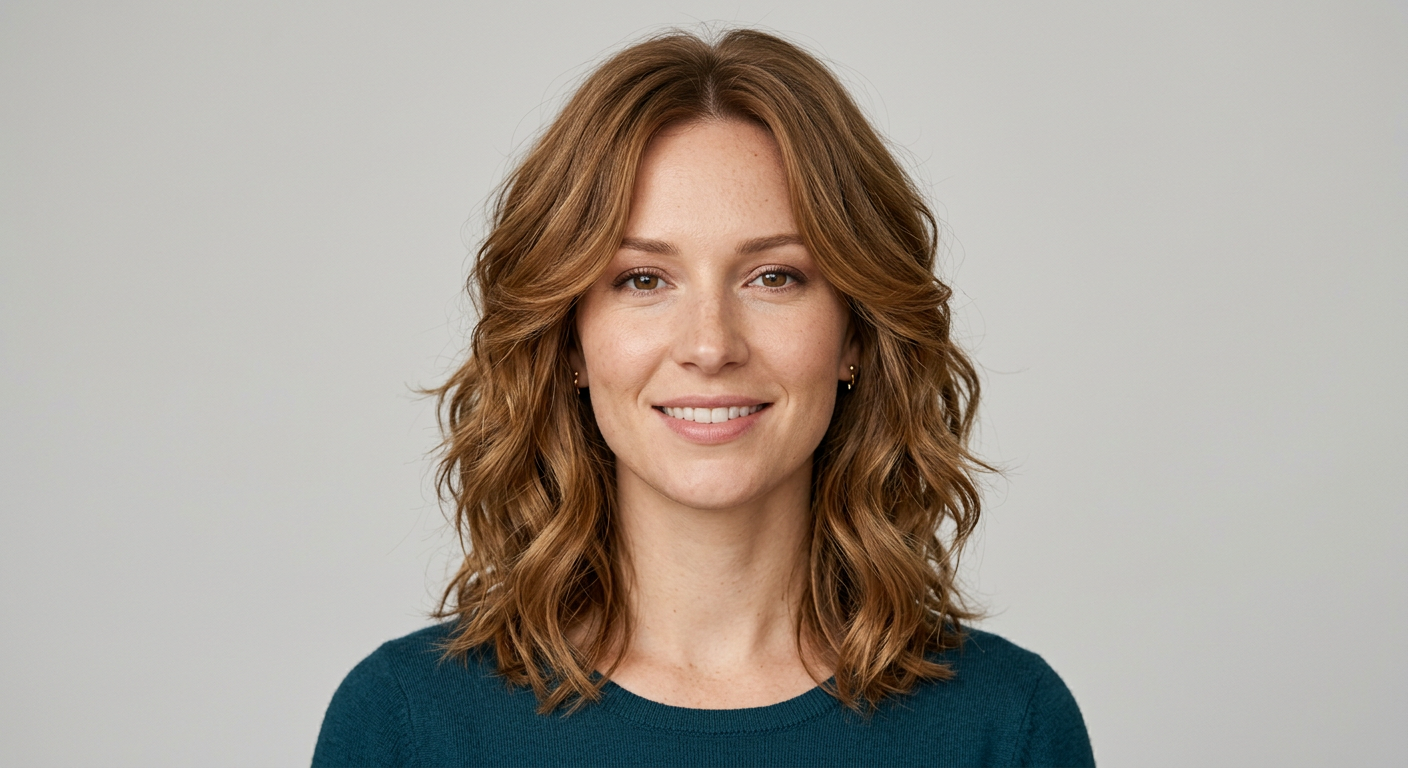 Front view of a medium honey brown layered lob with a center part, airy waves, and softly flipped shoulder-length ends.