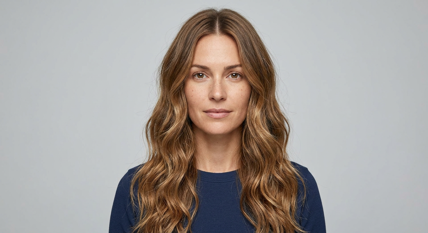 Front view of long, medium brown hair styled in soft beach waves with a center part and a loose, relaxed finish.