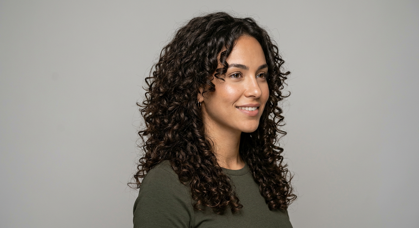 Long brunette hair styled in defined natural ringlets with face-framing layers and a full, voluminous shape.