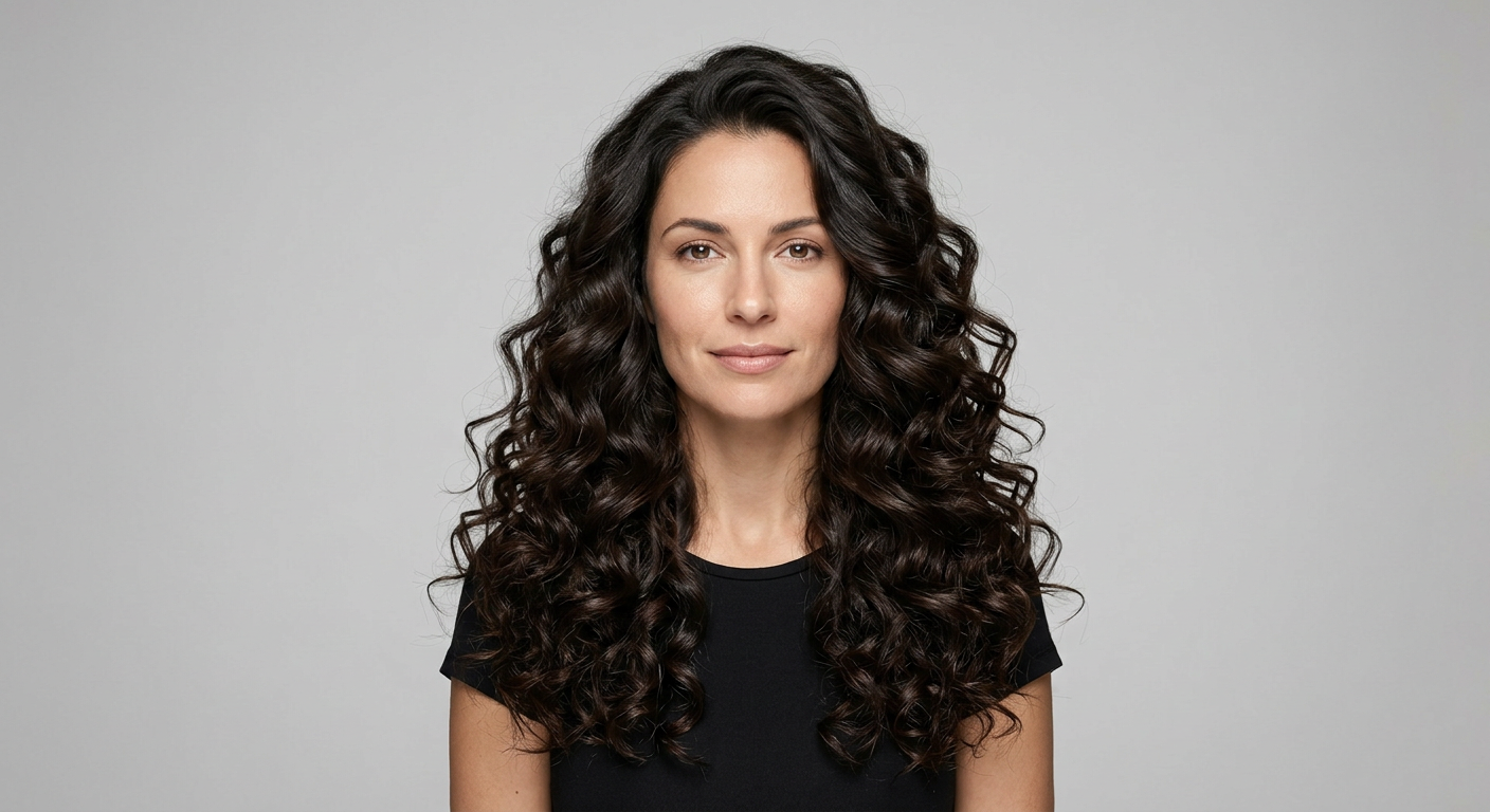 Front view of long brunette hair with full volume and defined spiral curls cascading below the shoulders.