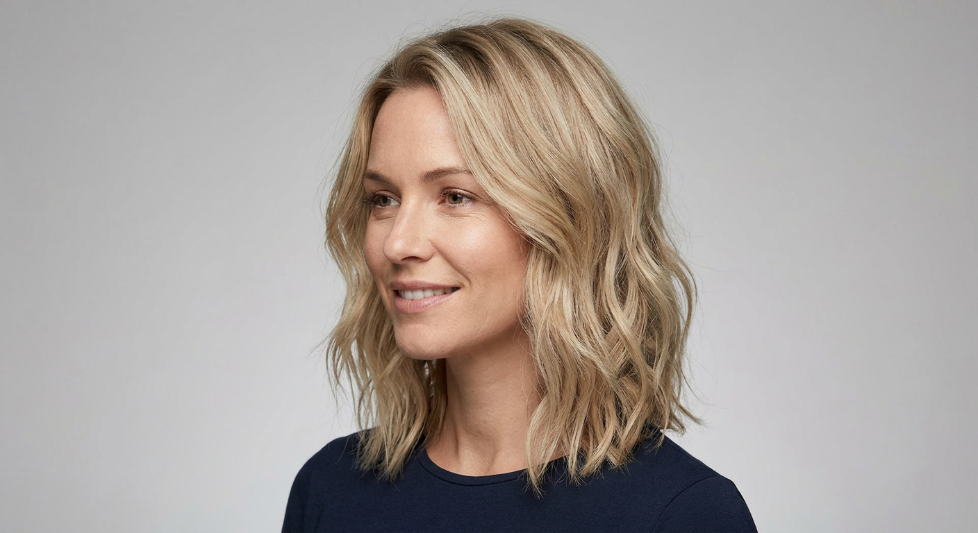 Three-quarter portrait showing a medium-length beige blonde lob styled in soft, loose waves with a lightly tousled finish.