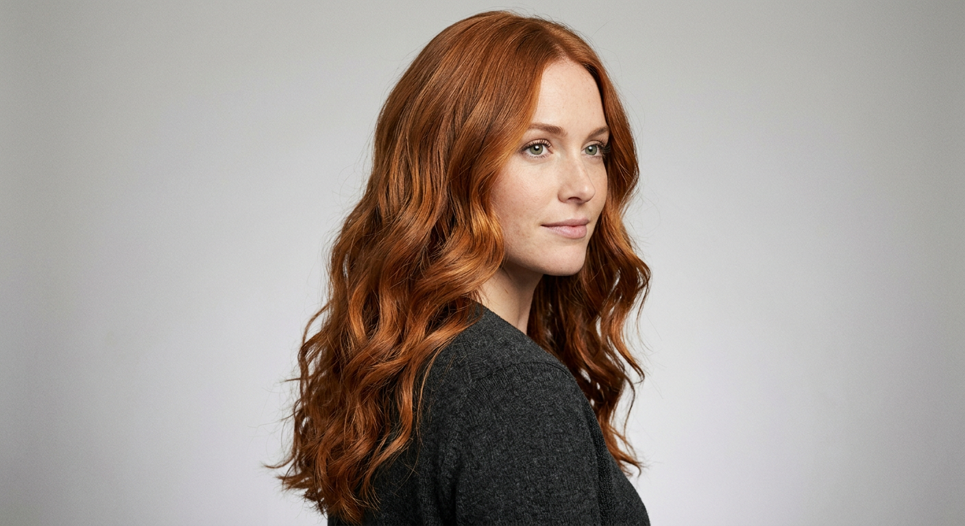 Long warm copper hair falling below the shoulders in loose, defined waves with a center part and softly curved front sections.
