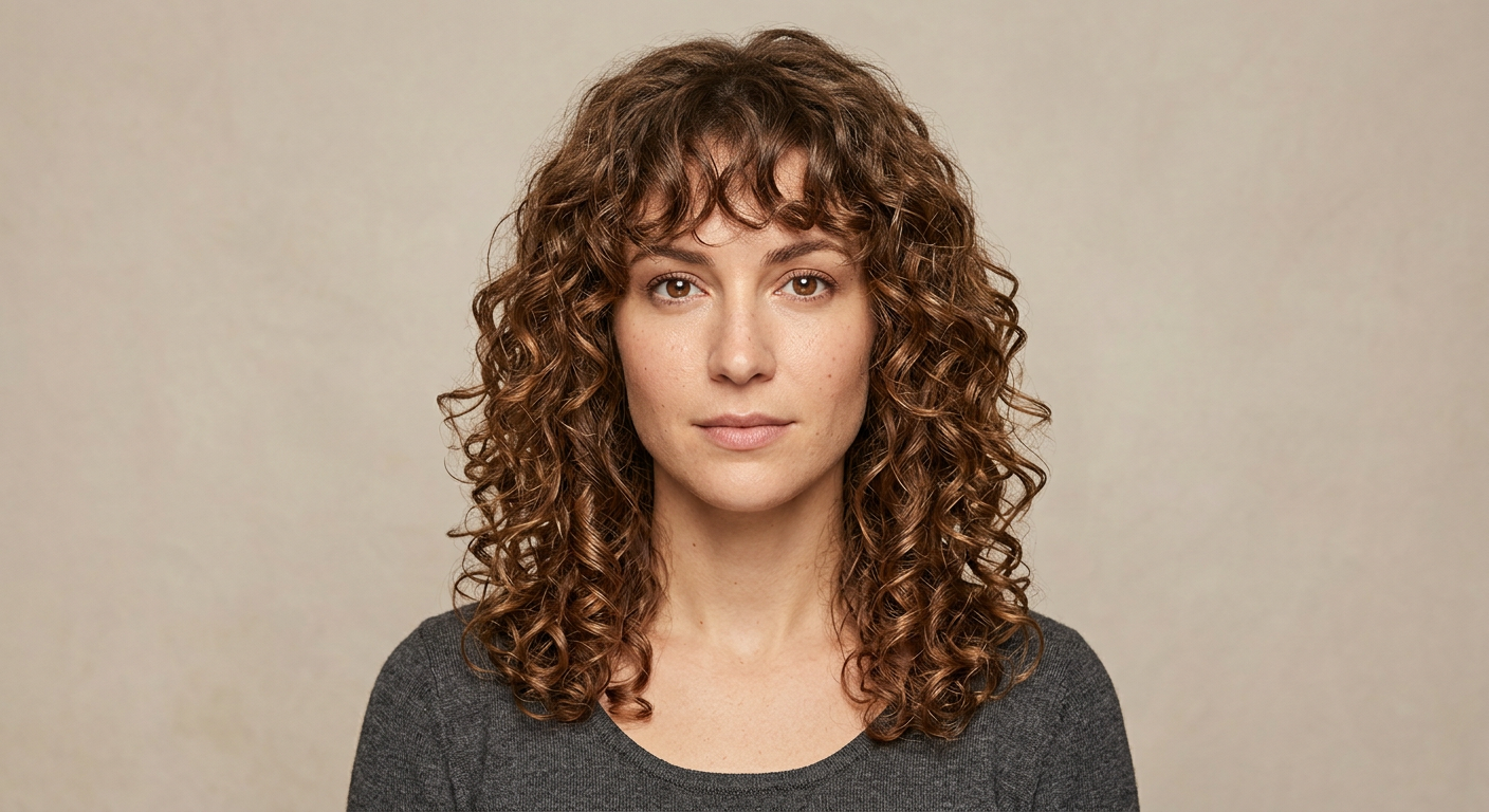 Front view of medium-length dark brown hair with defined ringlets, natural volume, and soft curly bangs across the forehead.