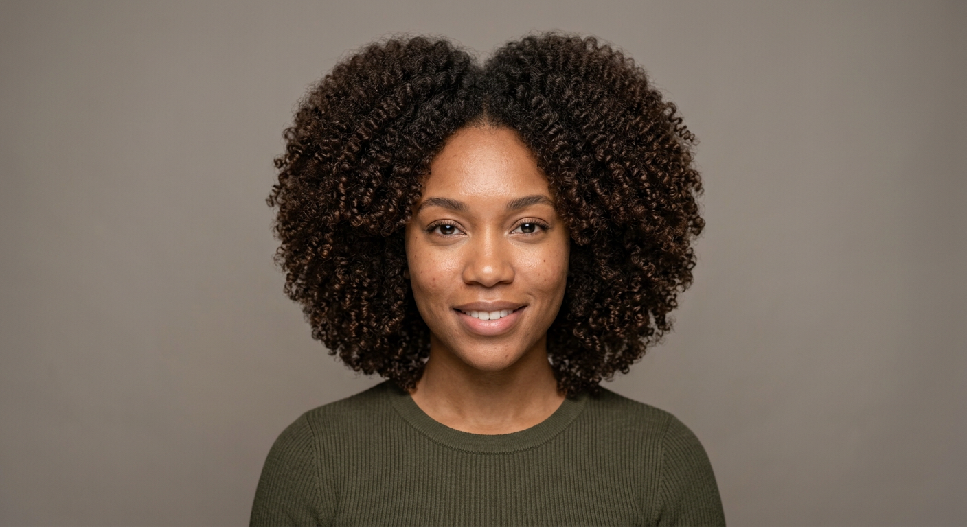Front view of medium natural black coily hair with a center part, tight defined curls, full volume, and a rounded silhouette.