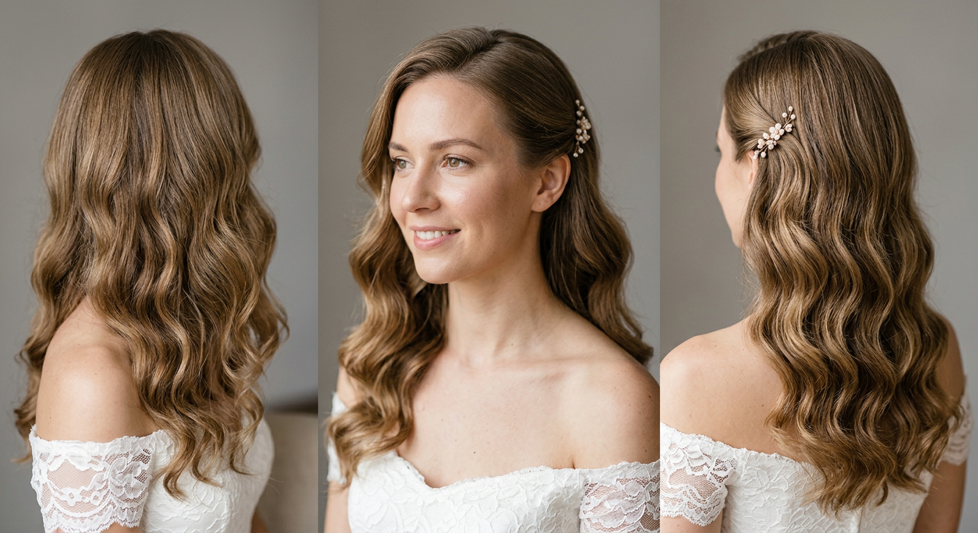 Front and back views of long brunette bridal waves, side-parted and pinned on one side with a delicate floral hair clip.
