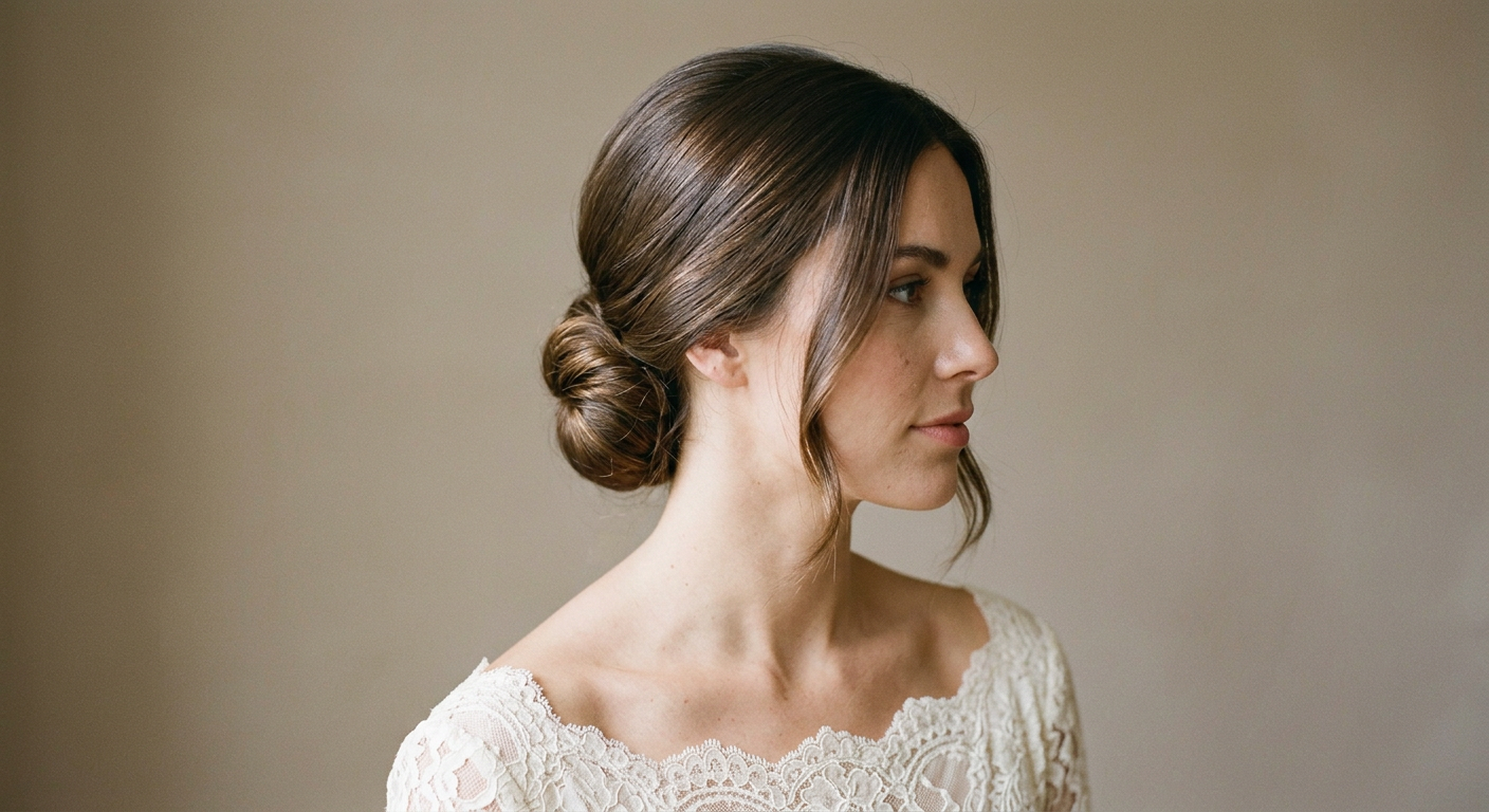 Side view of an elegant low bridal bun on long dark brunette hair with a center part and soft loose strands by the face.