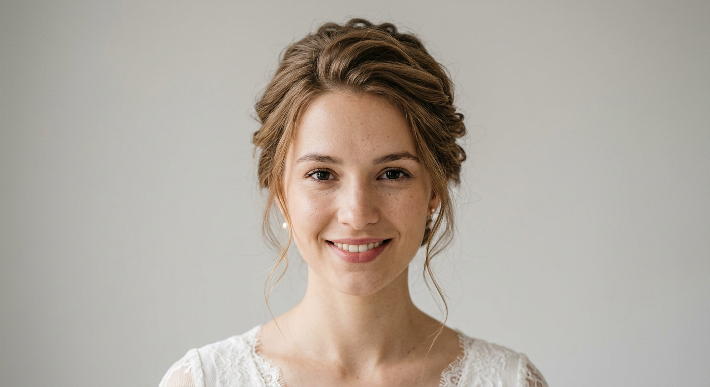 Front view of a warm brown bridal updo with soft crown volume, swept-back waves and loose tendrils framing the face.