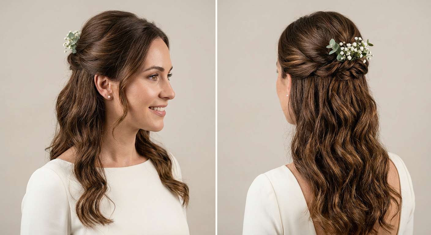 Side and back views of long blonde bridal waves in a romantic half-up style with twisted sections, white flowers, and greenery.