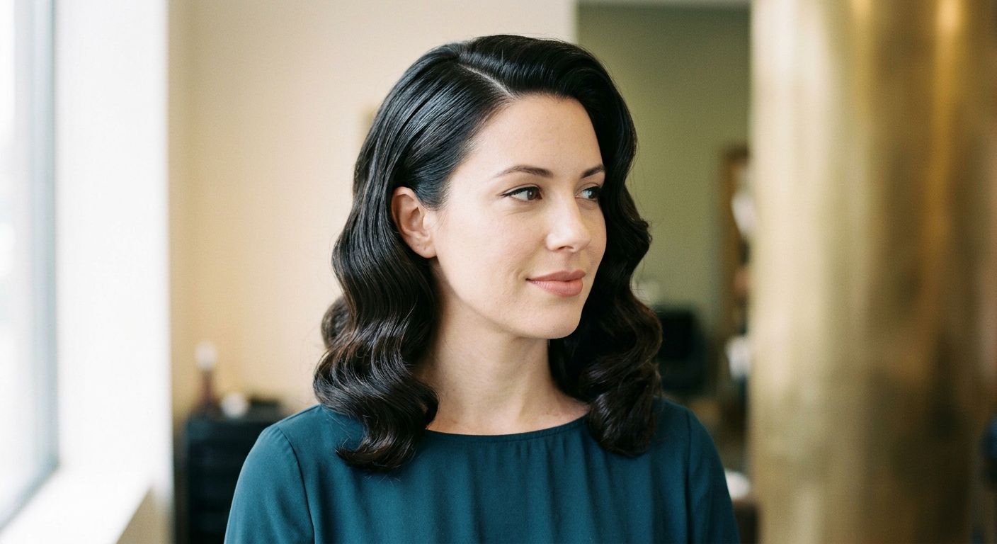 Medium dark brunette hair styled in defined Hollywood waves with a side part and one side tucked neatly behind the ear.
