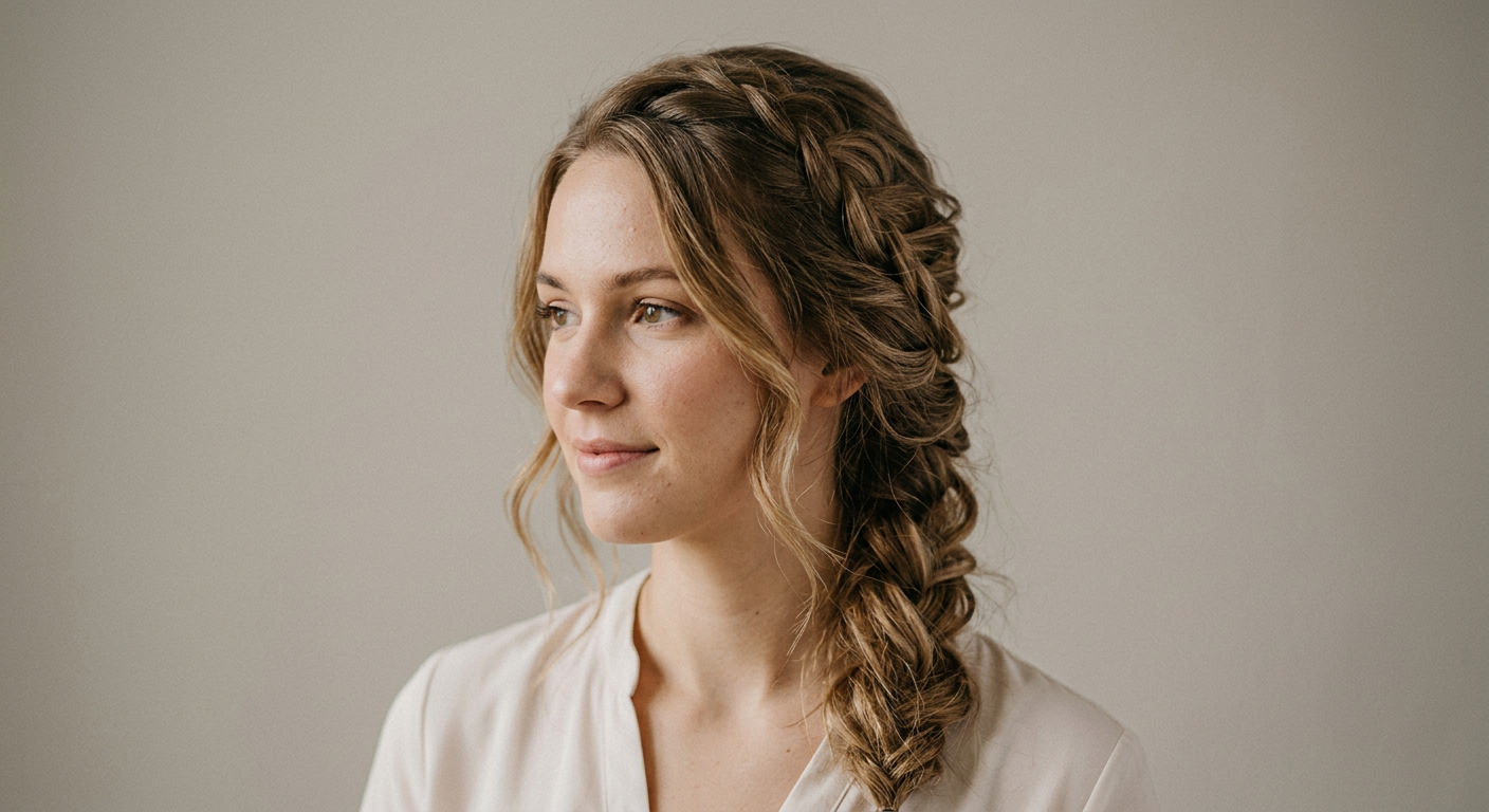 Long wavy brunette hair styled in a loose bridal side braid over one shoulder, with soft face-framing strands.