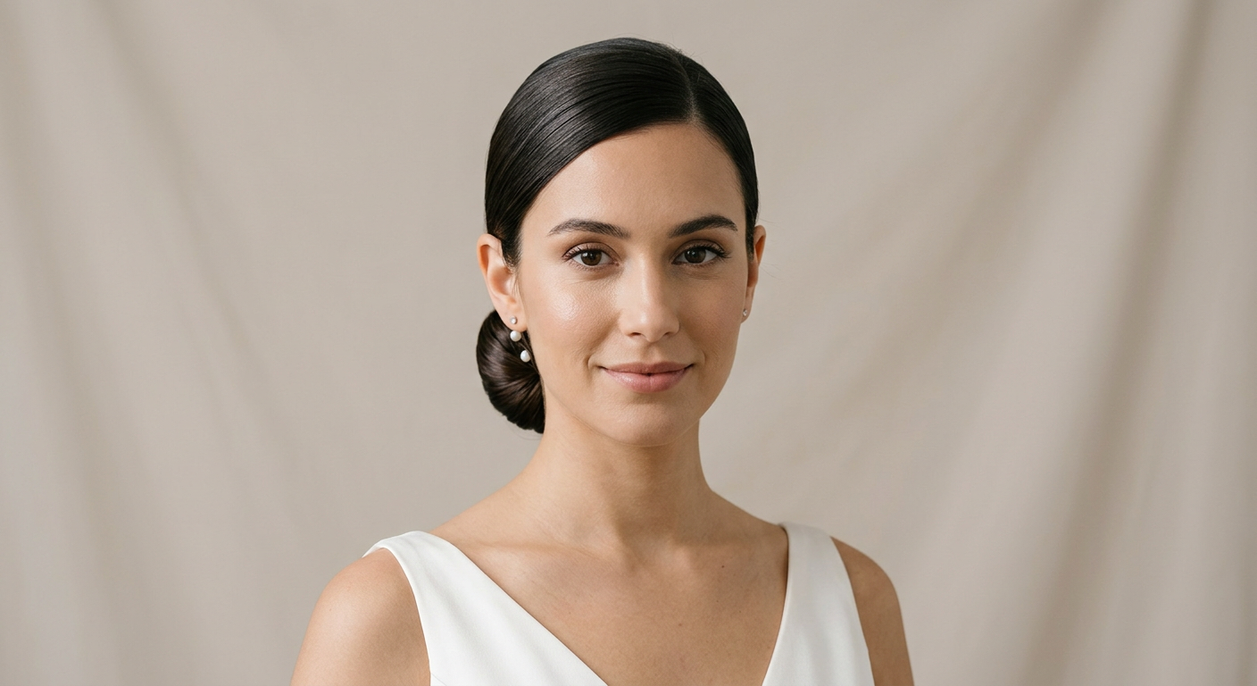 Front view of a compact low bridal bun on straight dark brown medium-length hair with a sleek side part and smooth finish.