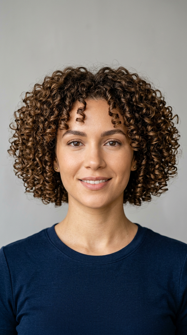 Front view of a short medium brown bob with defined natural curls, rounded volume and loose curls framing the forehead.
