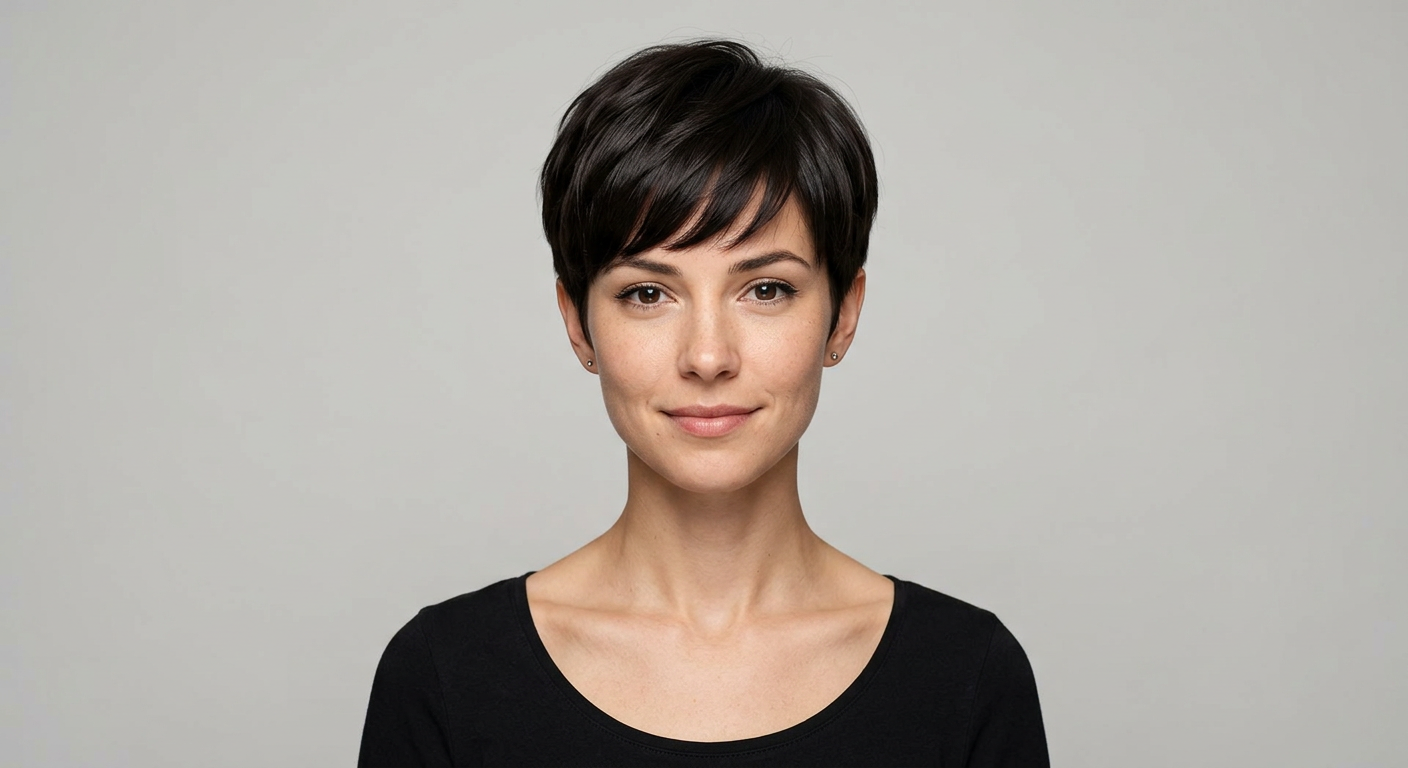 Front view of a classic short pixie on straight dark brunette hair, styled with smooth volume and a side-swept fringe.