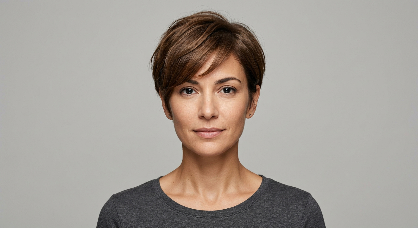 Front view of a modern long pixie on straight warm brown hair, with a longer top, side-swept fringe and short neat sides.