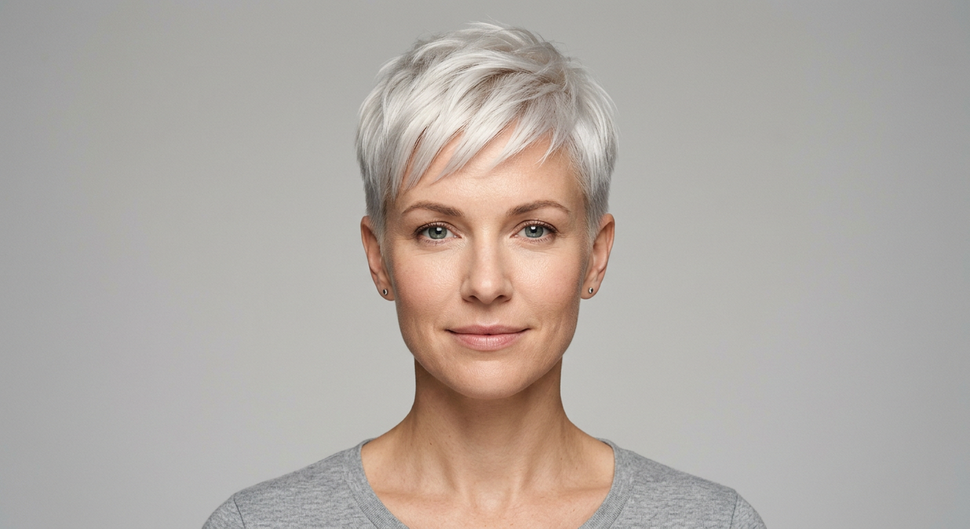 Short platinum blonde pixie with straight texture, a side-swept fringe, close-cut sides and a clean outline.