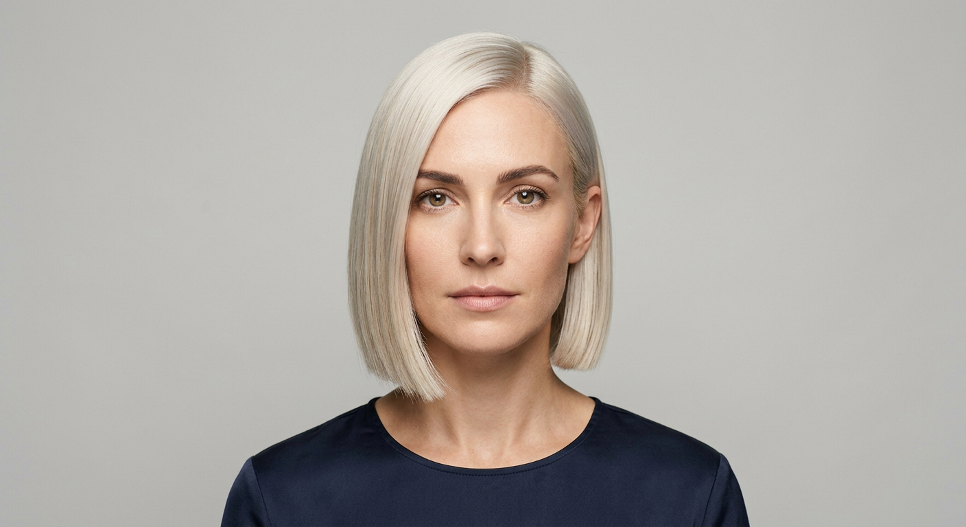 Short straight platinum blonde bob with a sleek finish, side part, chin-length outline, and one side tucked behind the ear.