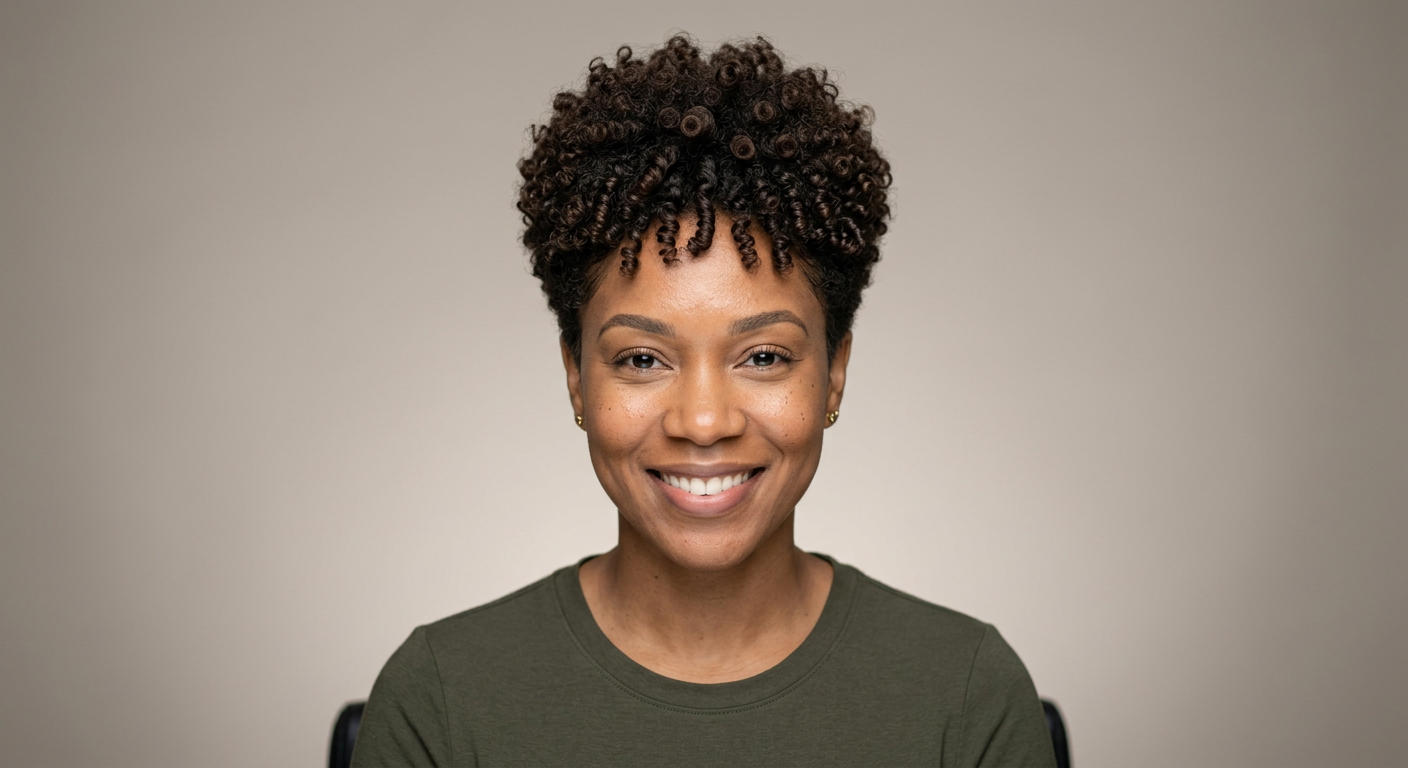 Front view of a short dark brown pixie with compact spiral curls, a rounded top and neatly cropped sides.