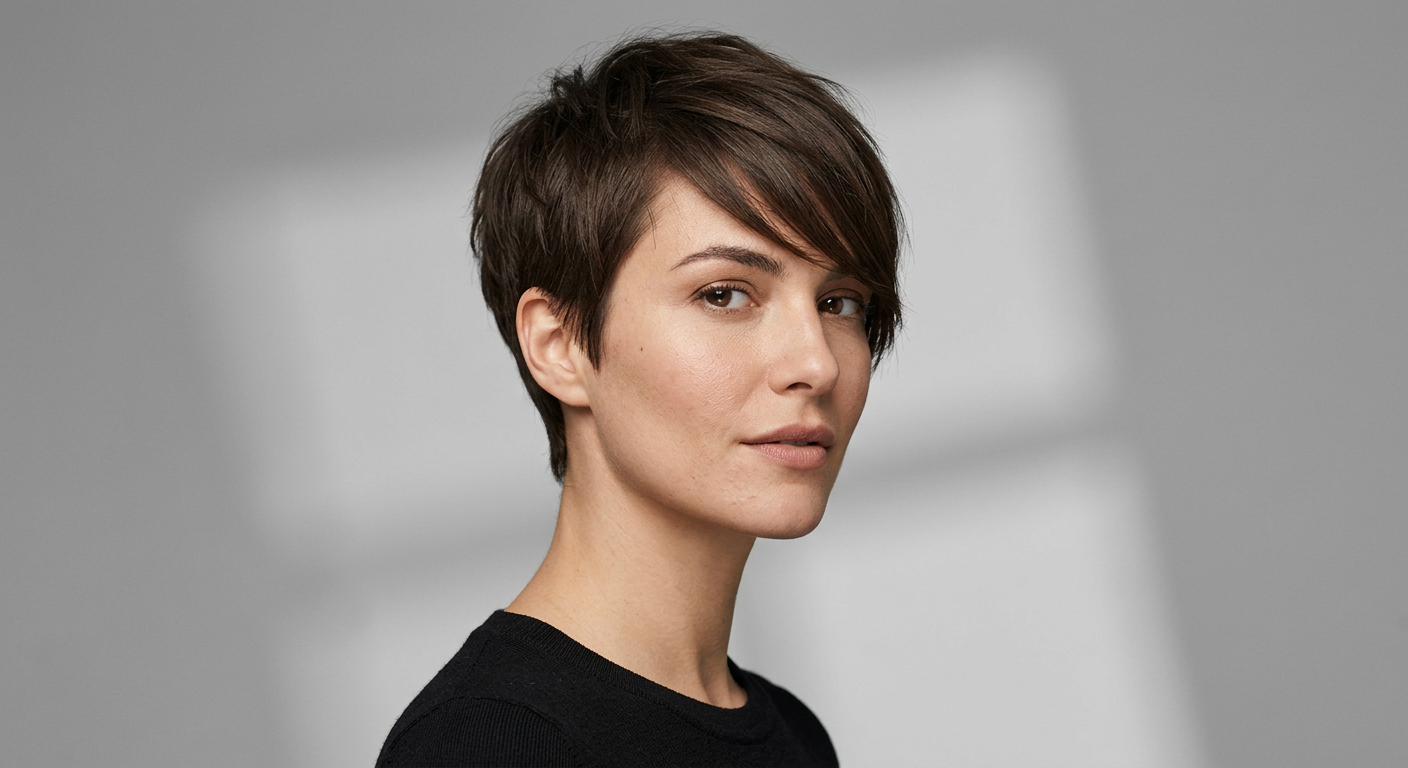 Three-quarter view of a short brunette pixie on straight hair with an elongated side-swept fringe and subtle crown volume.