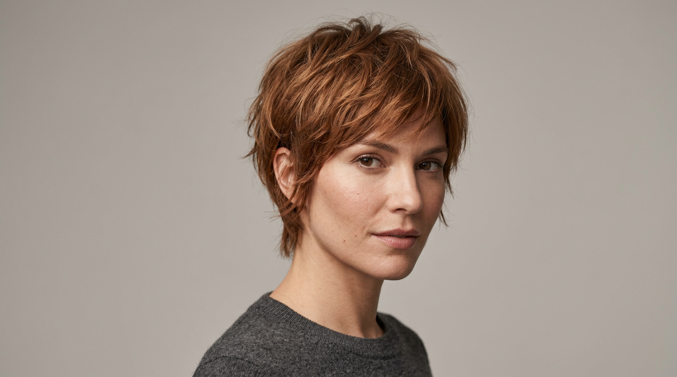 Three-quarter view of a short copper brown shaggy pixie with wavy crown texture, shorter sides, and a side-swept fringe.