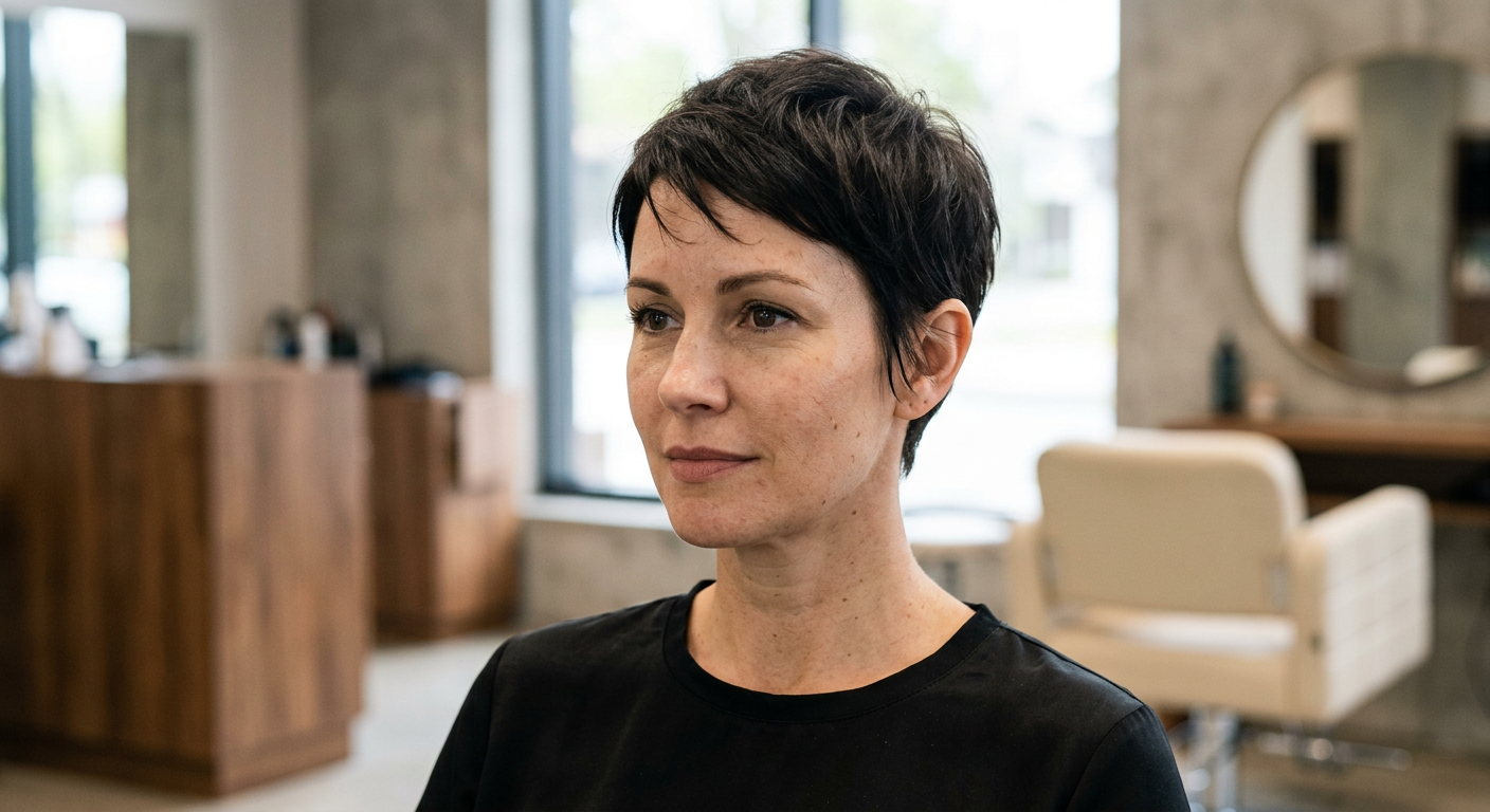 Front three-quarter view of a short dark brunette pixie with tapered sides, a textured top and a short fringe.
