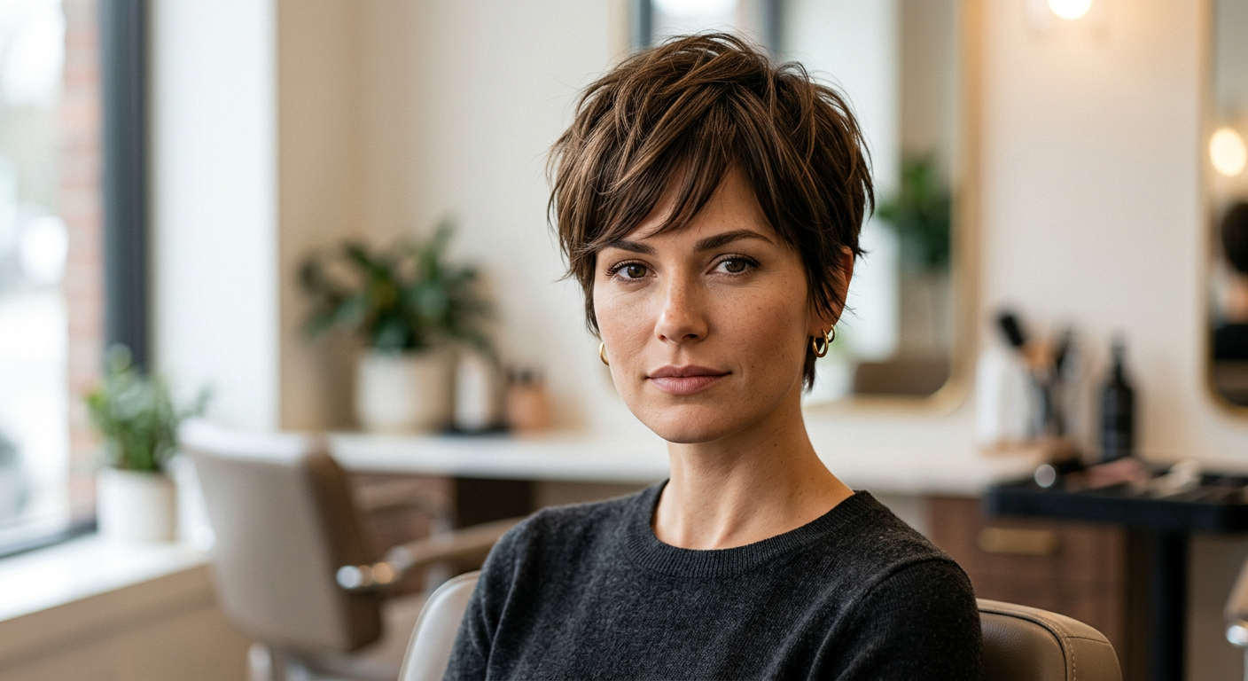 Short medium brown pixie on straight hair, styled with an airy textured top and a soft side-swept fringe.