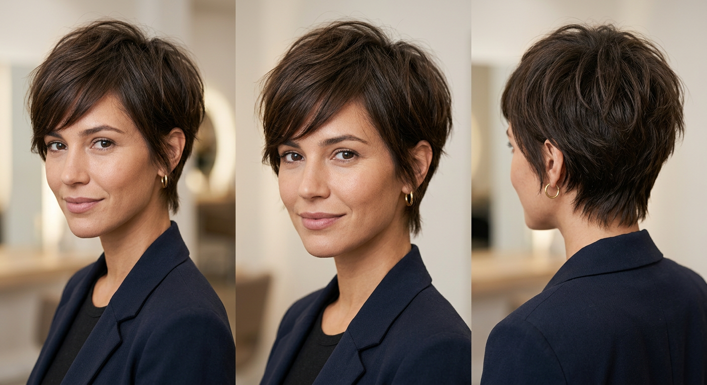 Front and back views of a short brunette bixie with loose waves, a side-swept fringe, layered crown, and softly tapered nape.