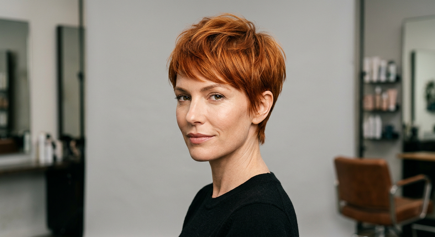 Three-quarter salon portrait of a short, straight copper pixie with a voluminous layered top, side-swept fringe, and short nape.