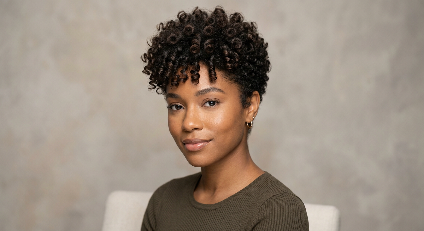 Short dark brown pixie crop with defined ringlets, closely cut sides and a curled fringe over the forehead.