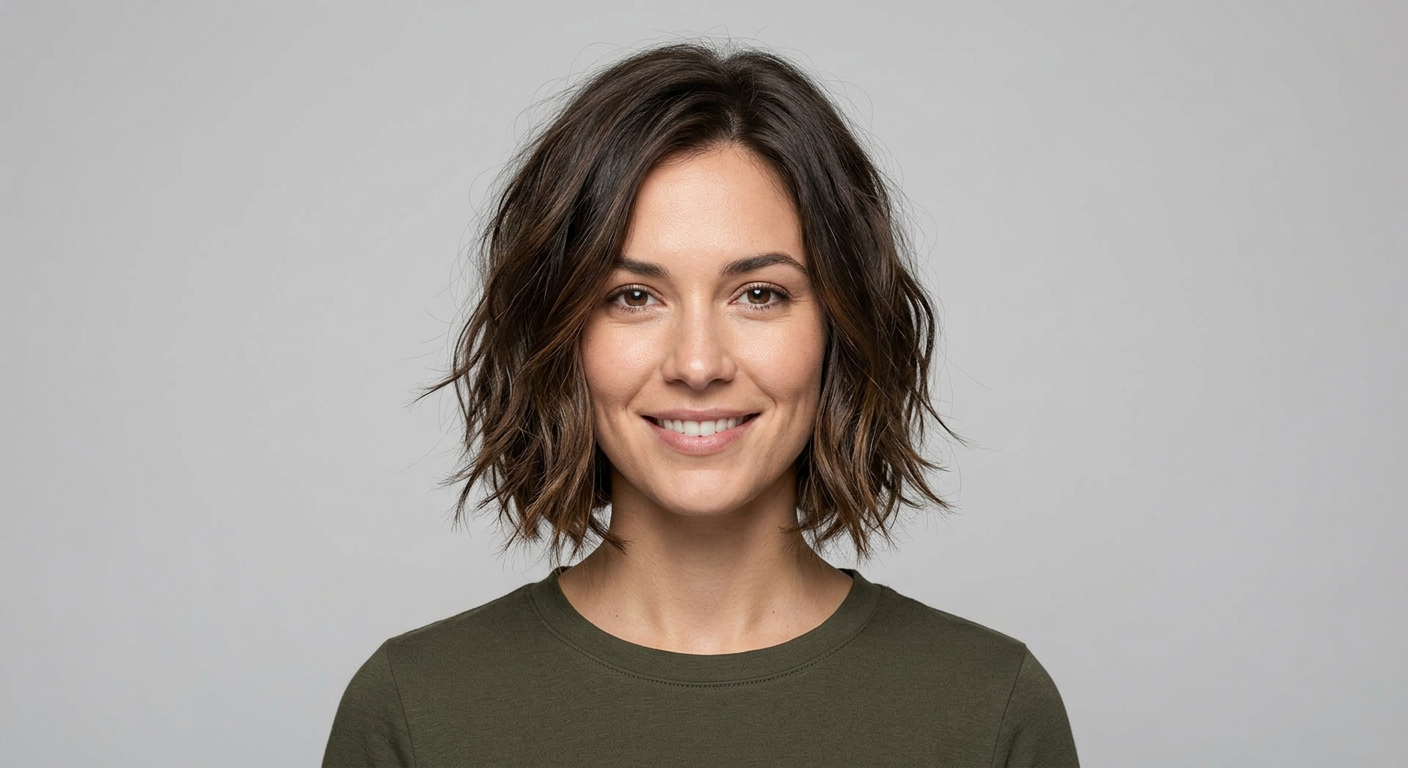 Front view of a short brunette bob with loose waves, a center part, tousled texture and softly flicked ends.