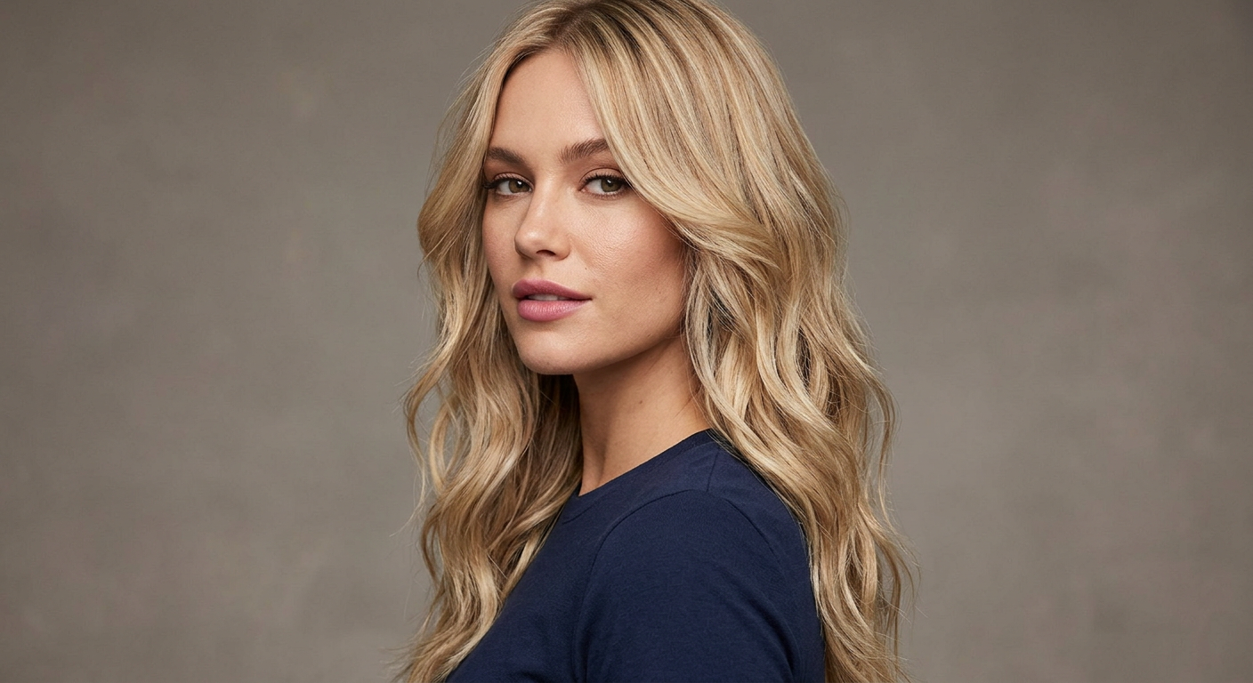Long blonde hair with soft flowing layers, natural waves and shorter sections framing the face.