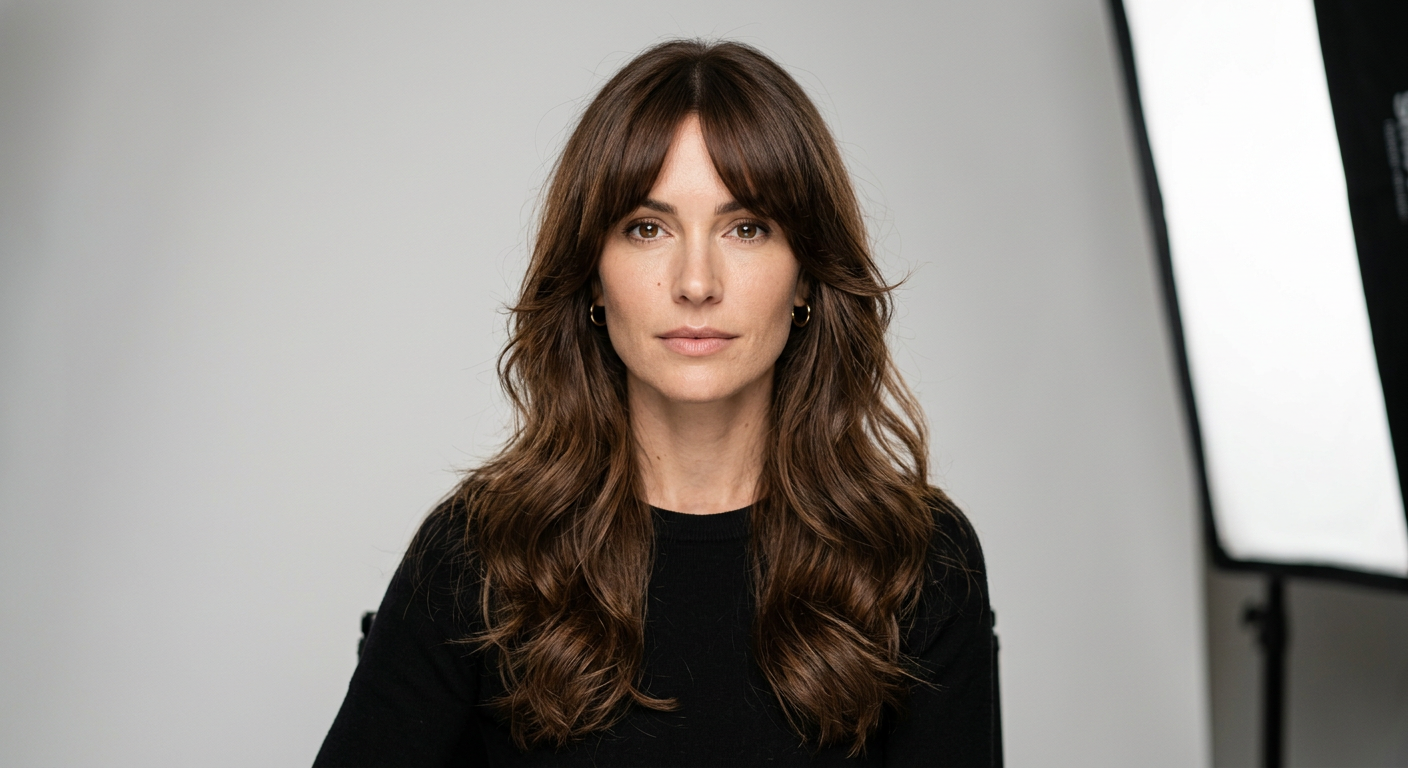 Front view of long wavy chocolate brown hair with layered ends, center-parted curtain bangs, and face-framing pieces.