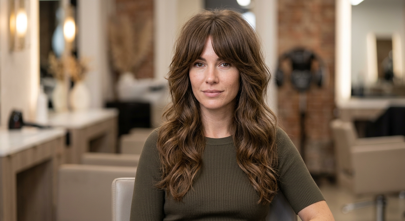 Front view of a soft wolf cut on long, medium brown wavy hair with a center-parted fringe and face-framing layers.
