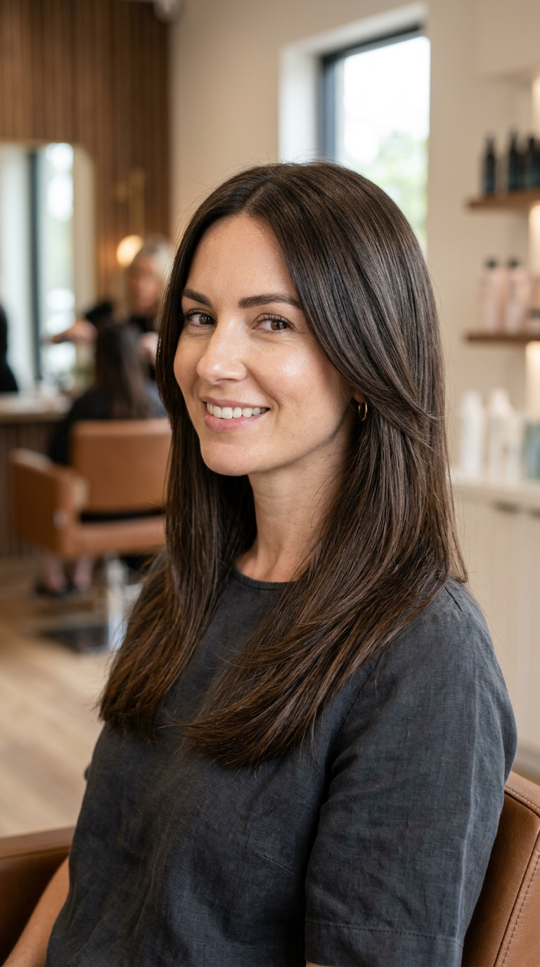Long straight dark brown hair with understated layers, soft face-framing sections, tapered ends and a center part.
