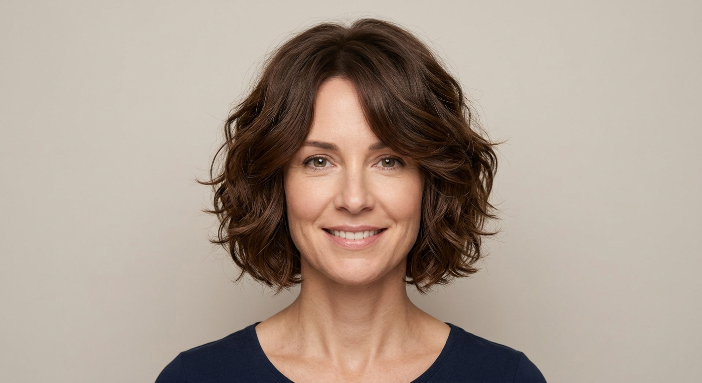 Front view of a short chocolate brown layered bob with soft waves, a center part, and lightly tousled ends.